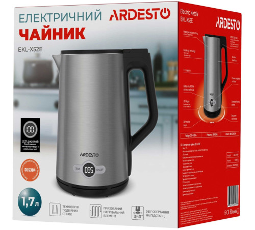 Электрочайник Ardesto EKL-X52E/1.5 л/2200 Вт/двойные стенки/LED дисплей/4 темп. режима/Strix контроль/нержавеющая сталь