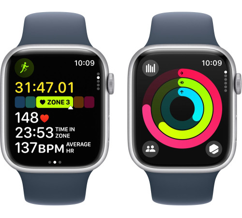 Смарт-часы Apple Watch Series 9 GPS 45mm Silver Aluminium Case with Storm Blue Sport Band - M/L