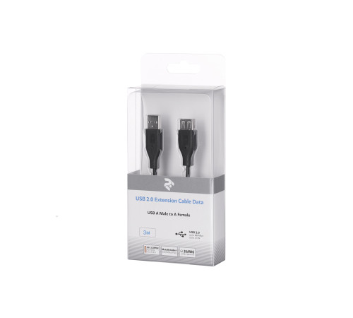 Кабель 2E USB 2.0 (AM/AF), 3m, black