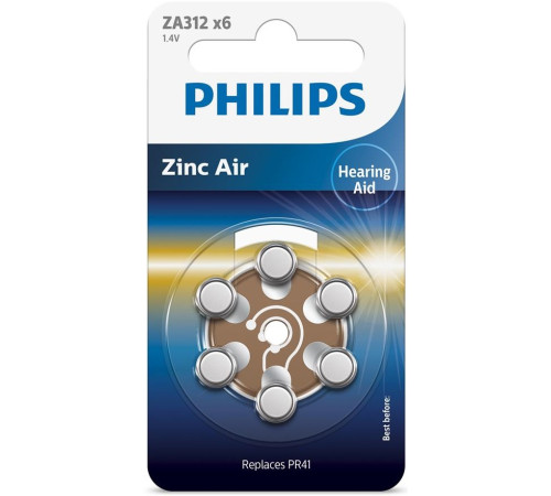 Батарейка Philips ZA312 bat(1.4B) Zinc Air 6шт (ZA312B6A/00)