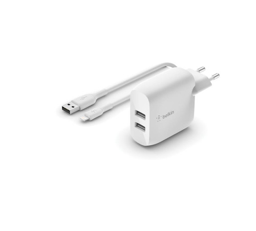 Мережевий ЗП Belkin Home Charger 24W DUAL USB 2.4A, Lightning 1m White