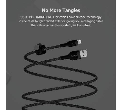 Кабель Belkin USB-A - Lightning плетений, силіконовий, з ремінцем на магніті, 1м, Black