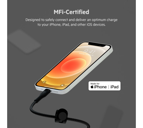 Кабель Belkin USB-A - Lightning плетений, силіконовий, з ремінцем на магніті, 1м, Black