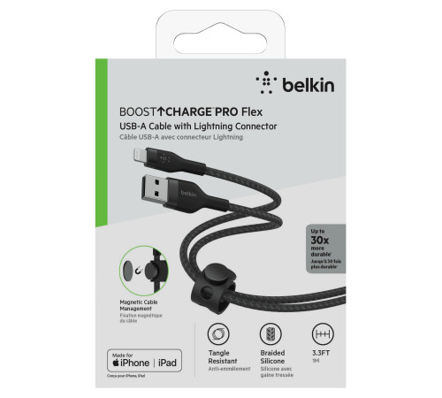 Кабель Belkin USB-A - Lightning плетений, силіконовий, з ремінцем на магніті, 1м, Black