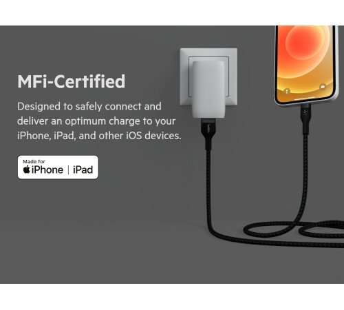 Кабель Belkin USB-A - Lightning плетений, силіконовий, з ремінцем на магніті, 1м, Black