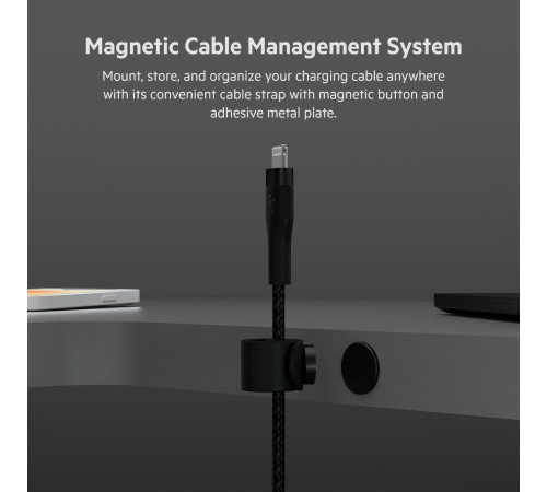 Кабель Belkin USB-A - Lightning плетений, силіконовий, з ремінцем на магніті, 1м, Black