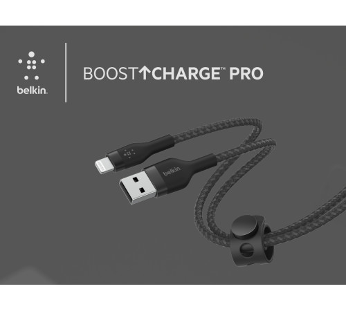 Кабель Belkin USB-A - Lightning плетений, силіконовий, з ремінцем на магніті, 1м, Black
