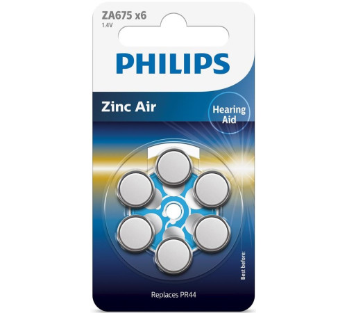Батарейка Philips ZA675 bat(1.4B) Zinc Air 6шт (ZA675B6A/00)