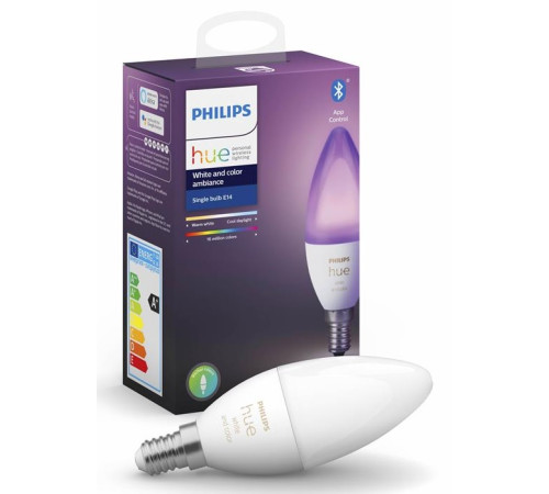 Лампа розумна Philips Hue E14, 5.3W(40Вт), 2000K-6500K, RGB, ZigBee, Bluetooth, димування