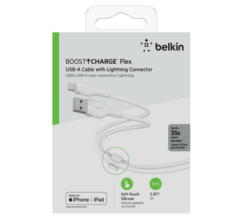 Кабель Belkin USB-A - Lightning силіконовий, з кліпсою, 1м, білий