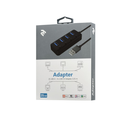 Адаптер 2Е USB-A - 4*USB3.0, Hub with switch, 0.25m